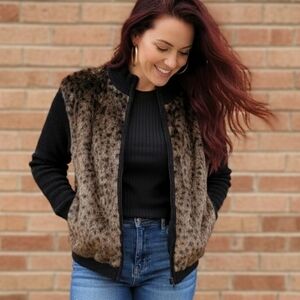 VTG 90s Lisa International Faux Fur Leopard Chenille Zip Jacket XL